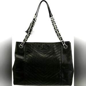 Tory Burch Leather Fleming Black Metallic Chain leather Shoulder Purse tote bag
